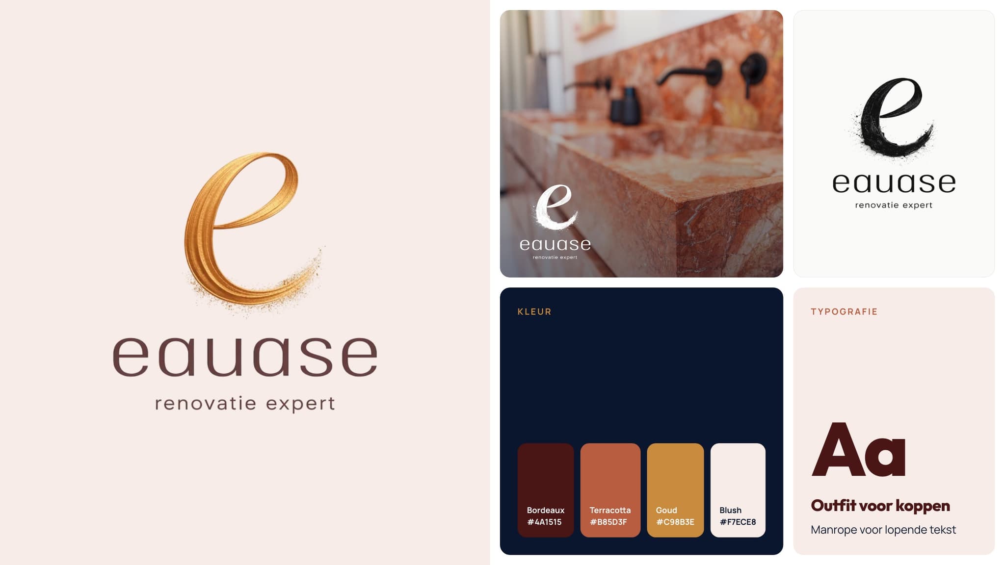 Brand board with the golden brushstroke logo, colour palette and typography