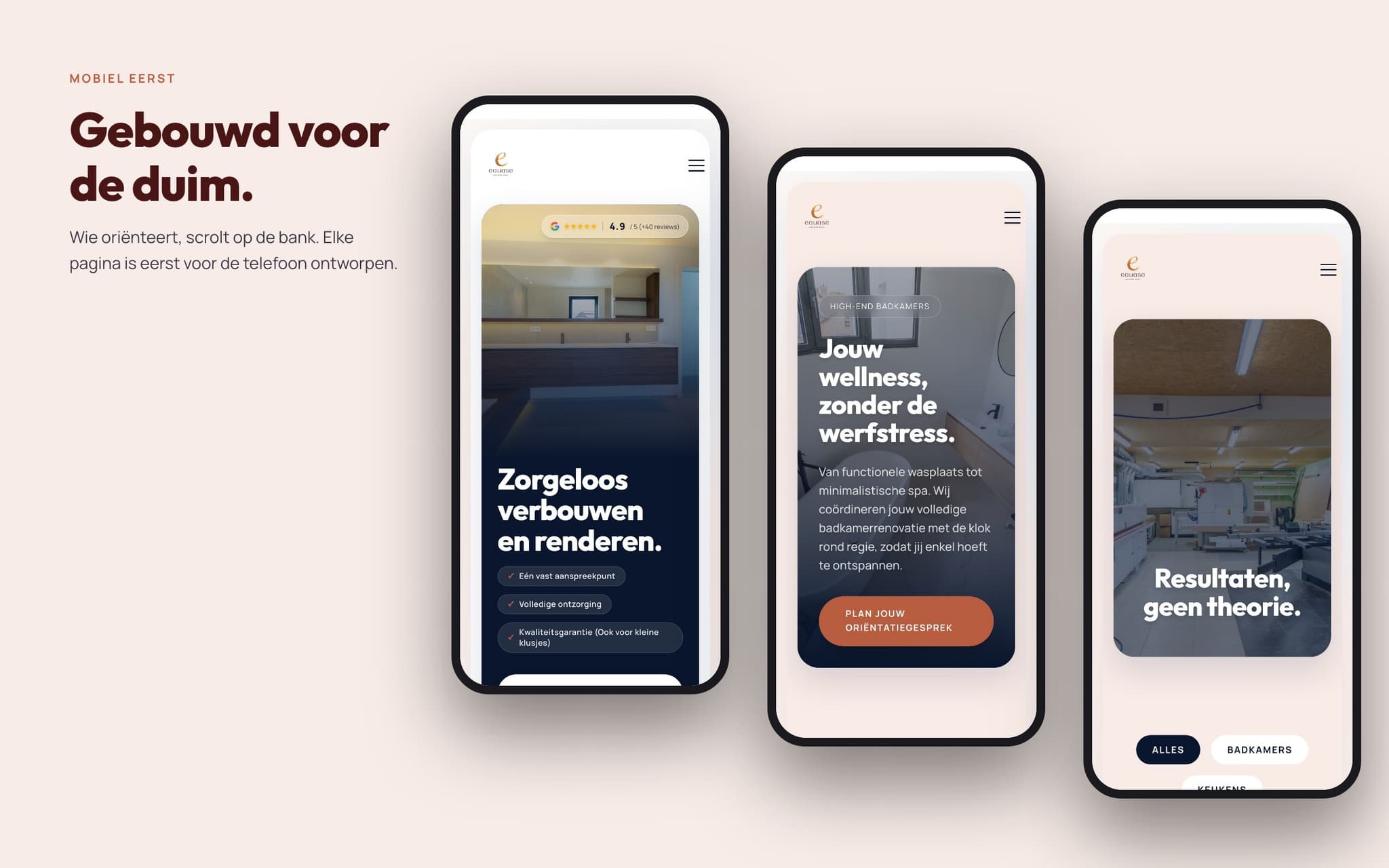 Three mobile screens of the new website