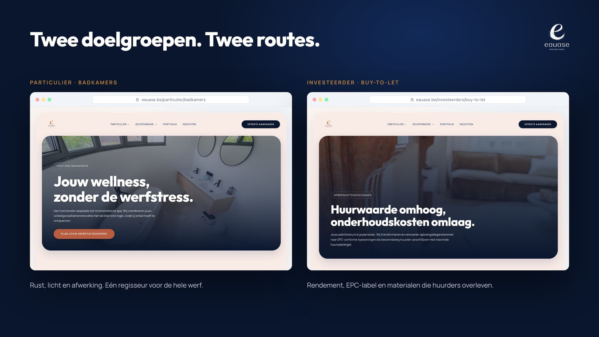 The bathroom page and the buy-to-let page of eauase.be side by side