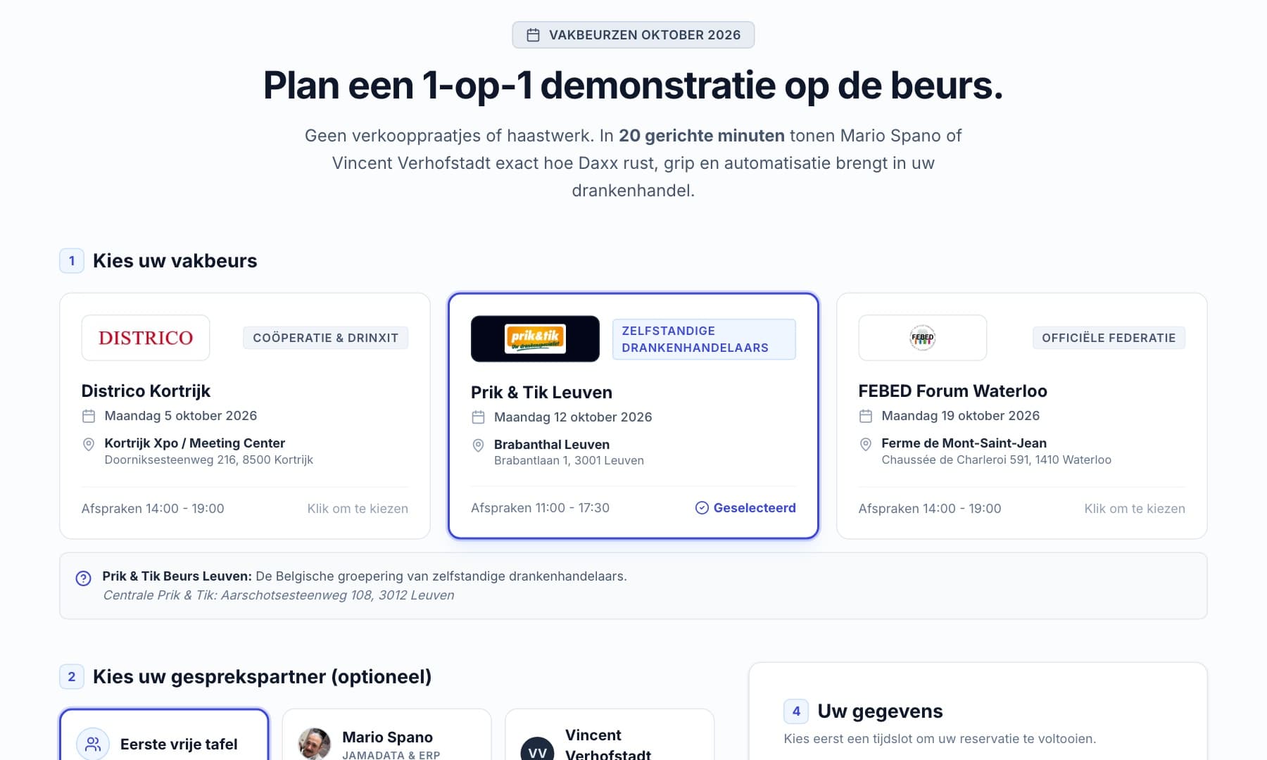 The booking tool on daxx.be: choose your fair, the person to meet and a slot