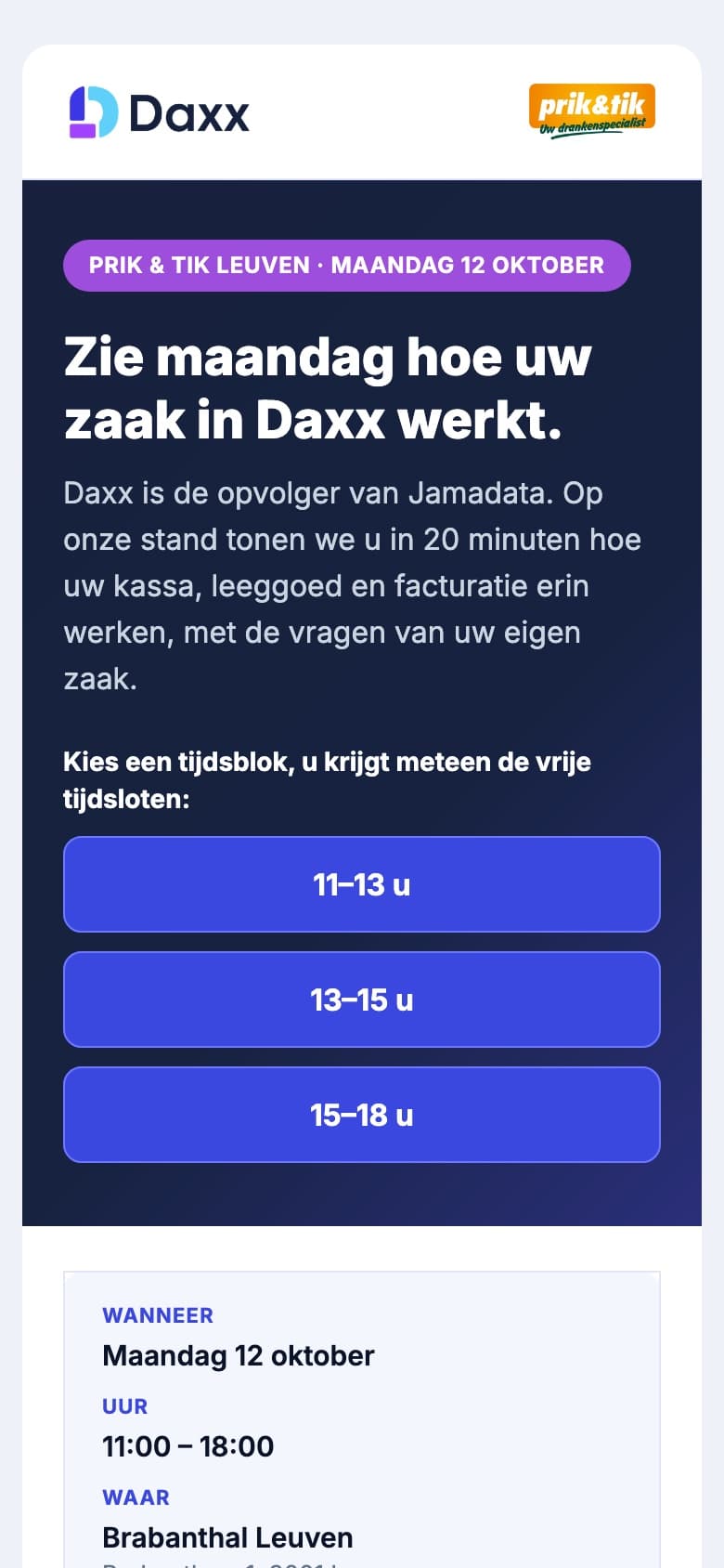 The newsletter for existing customers, with three time blocks that open the free slots