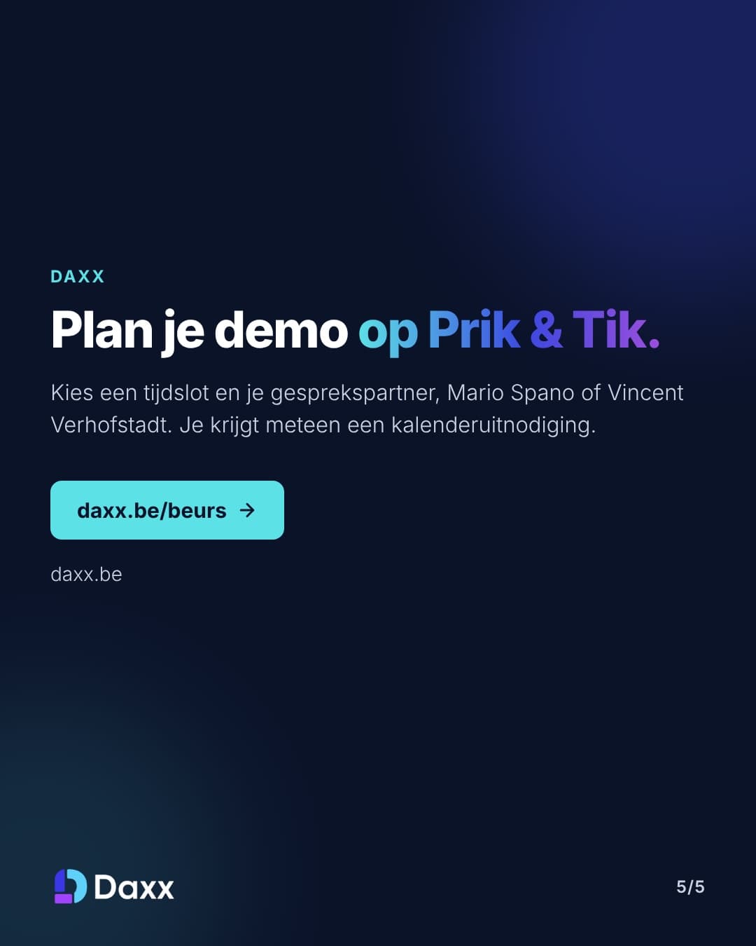 Carousel 4: choose your slot and the person to meet on daxx.be/beurs