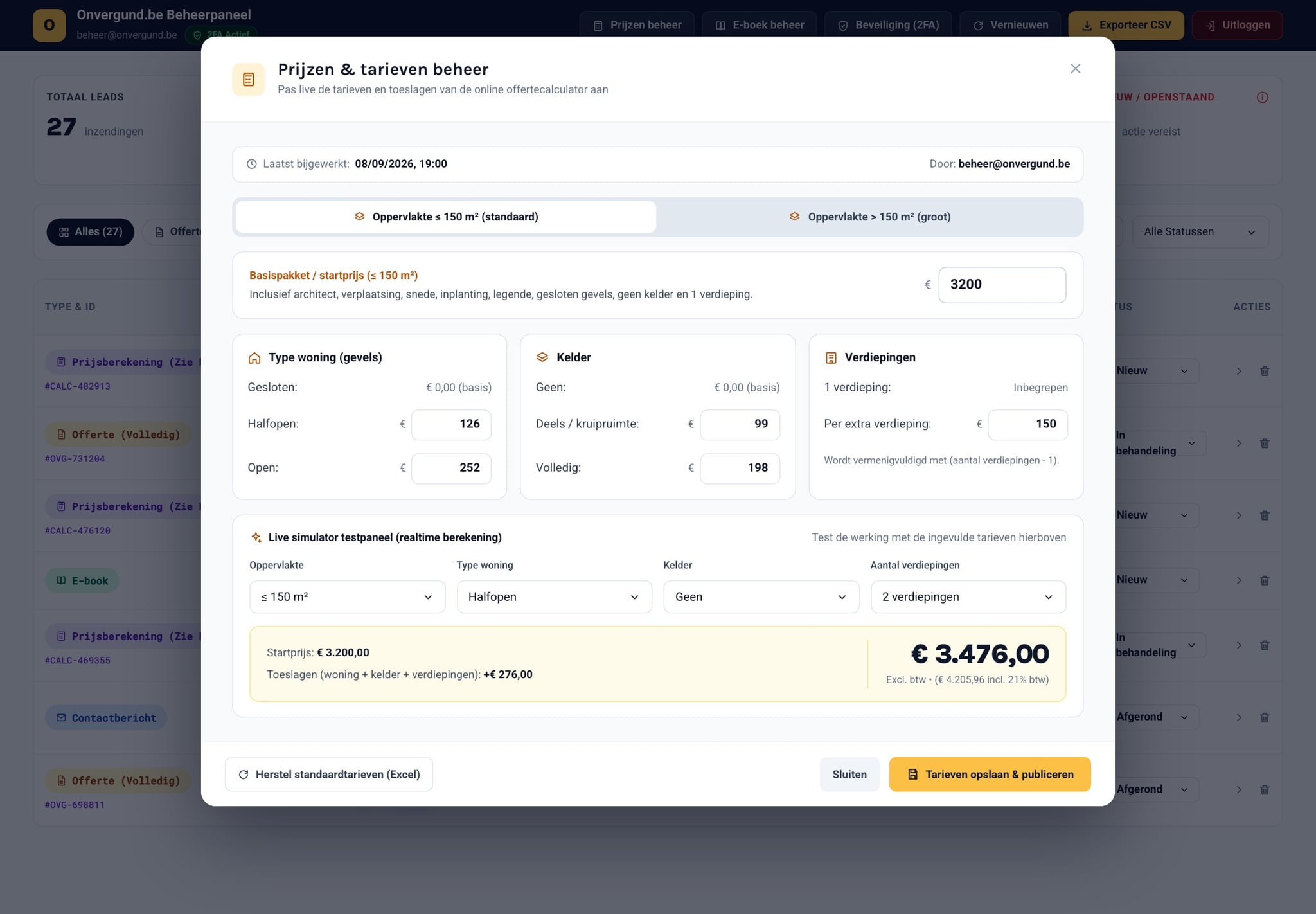 Tarievenbeheer met startprijs, toeslagen en live simulator
