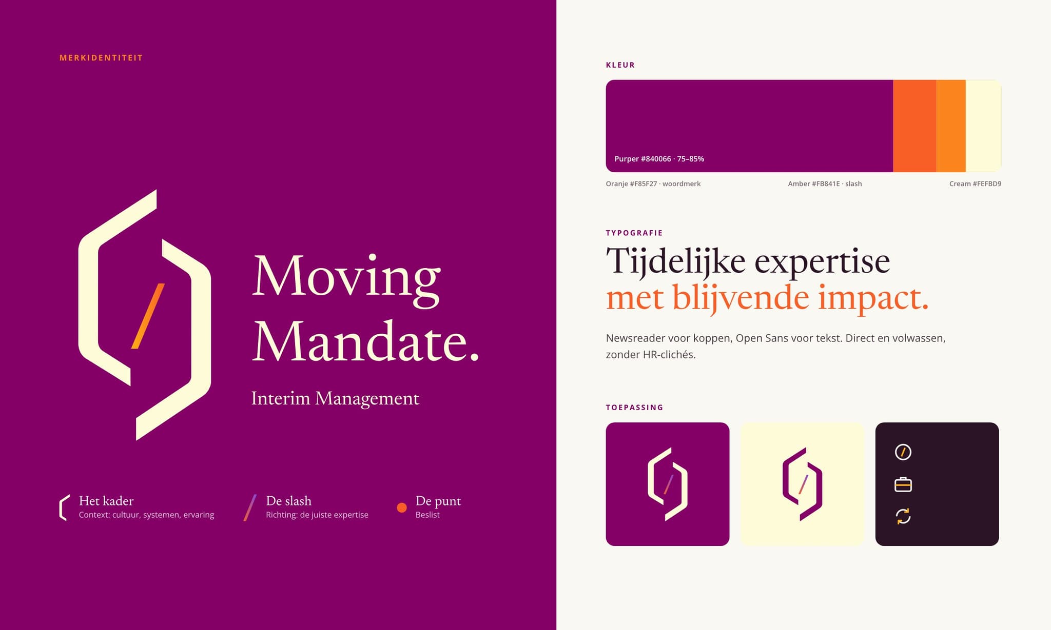 Brand board: the logo with frame, slash and dot, the purple and orange, the typography and applications