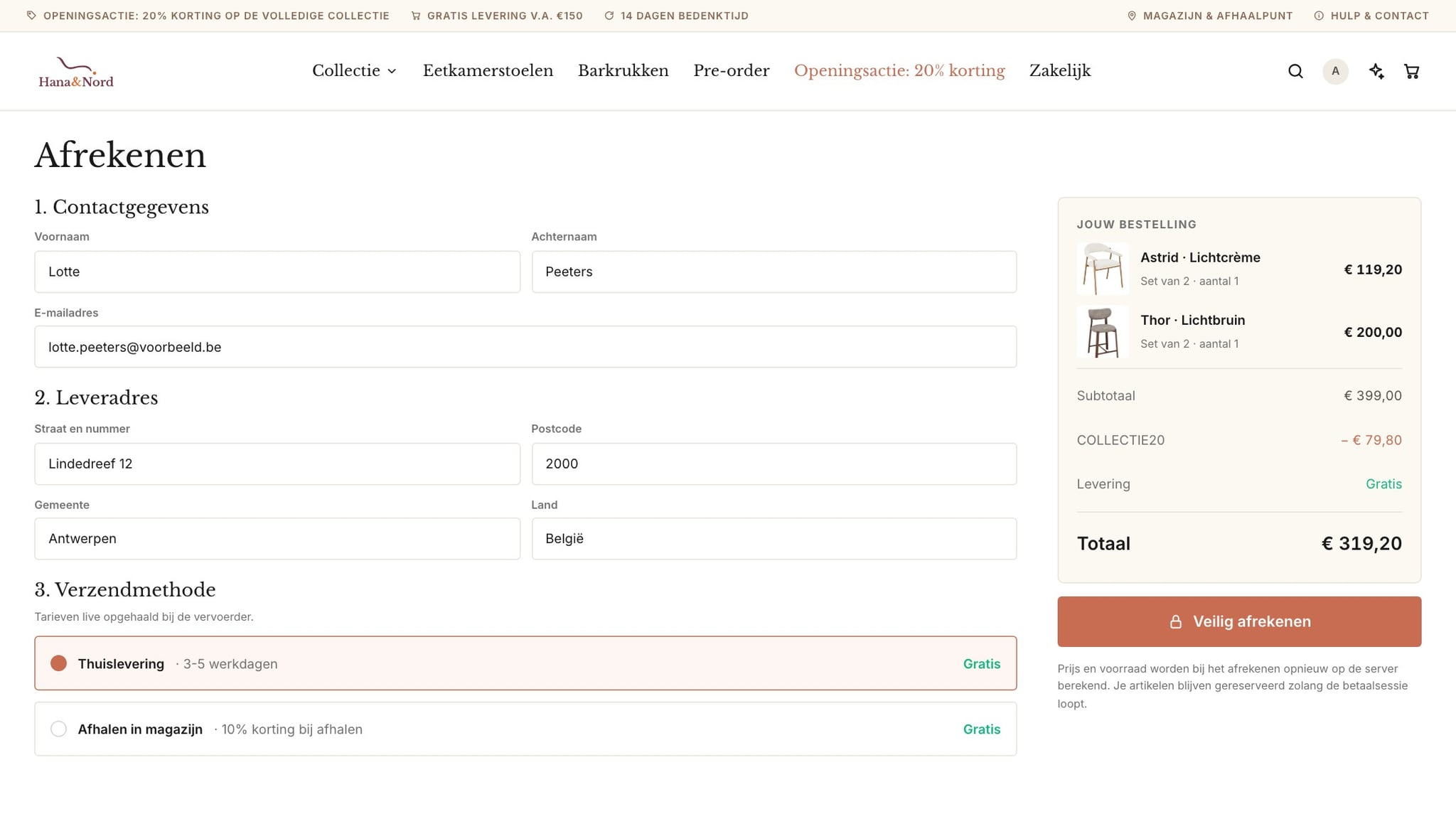 Checkout page with contact details, delivery address, shipping method and order summary; all details are fictional