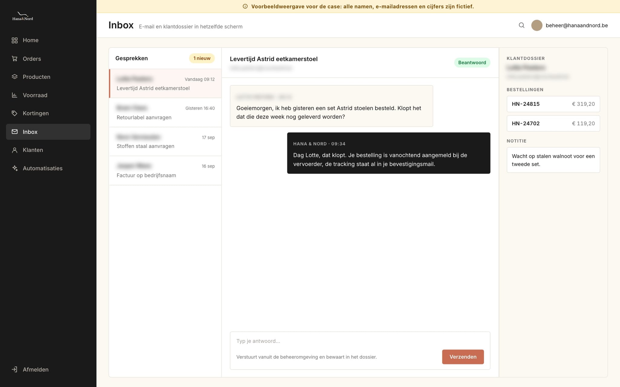 Admin inbox with conversation list, e-mail thread and customer file showing order history and a note; all names and figures are fictional