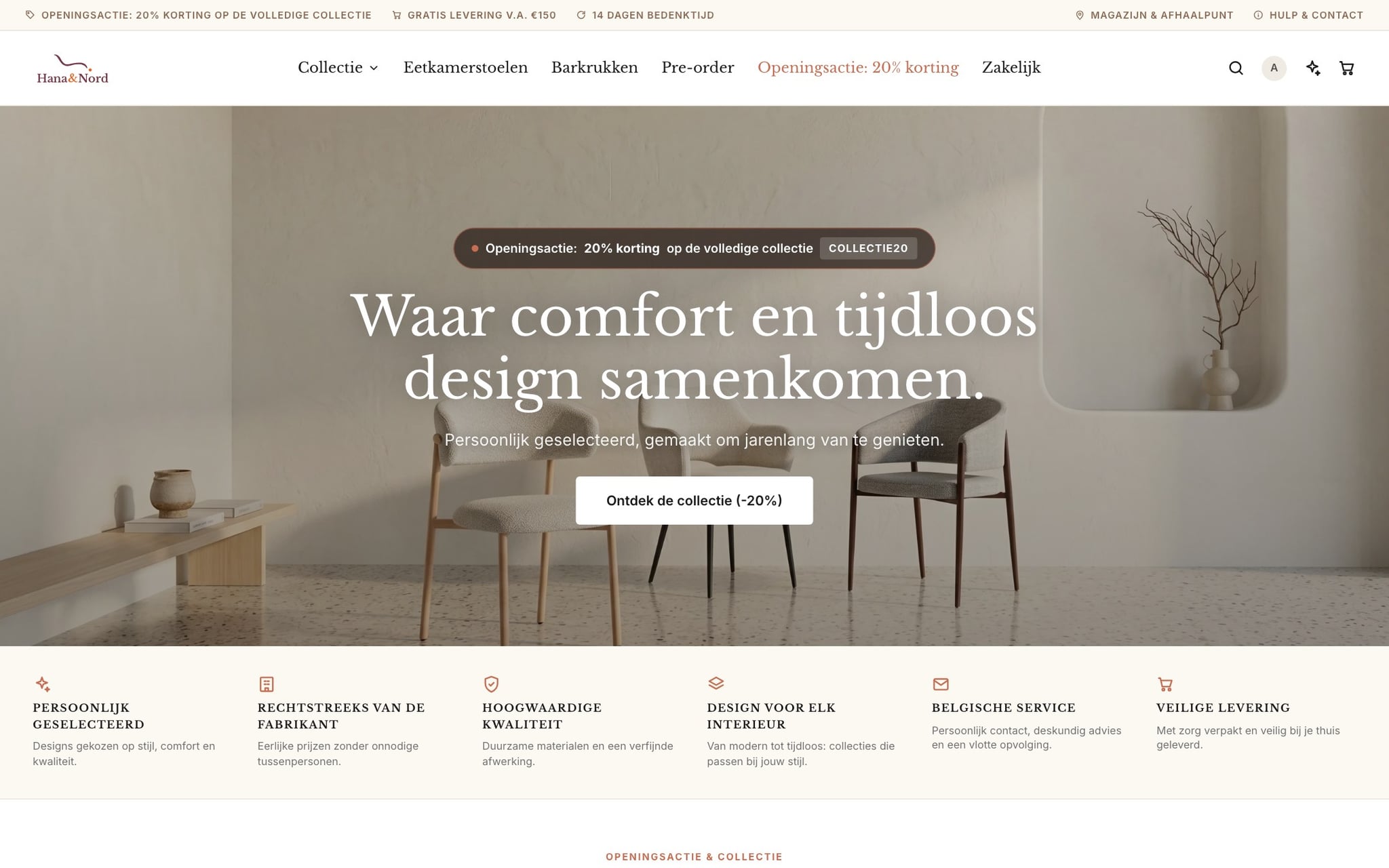 Home page with hero, brand promises and the collection cards