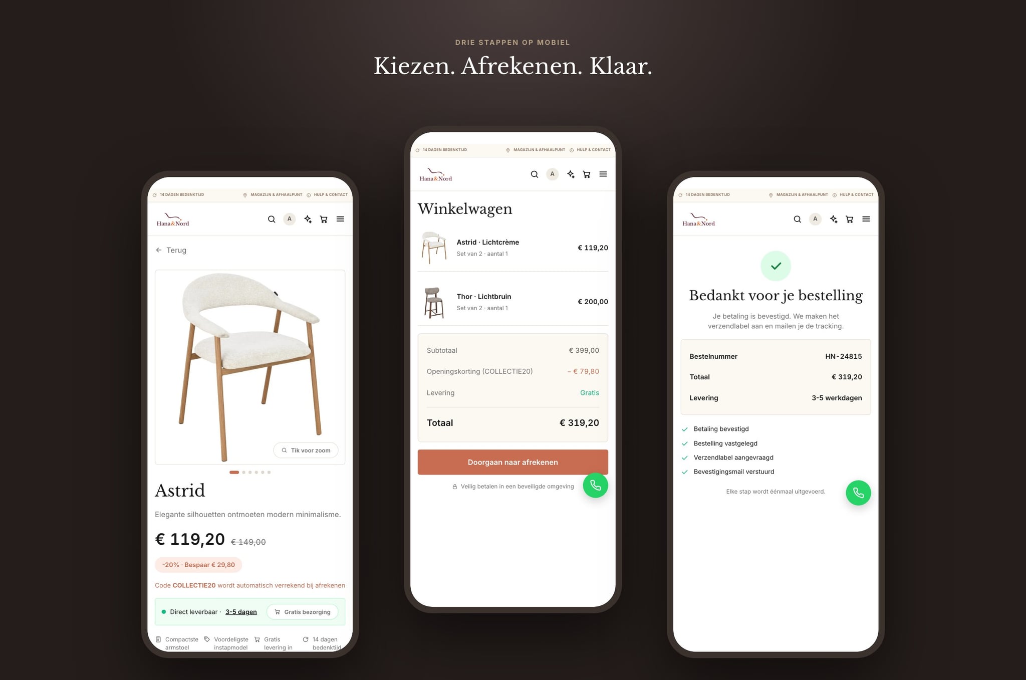 Three phone screens: product page, basket and confirmation after payment
