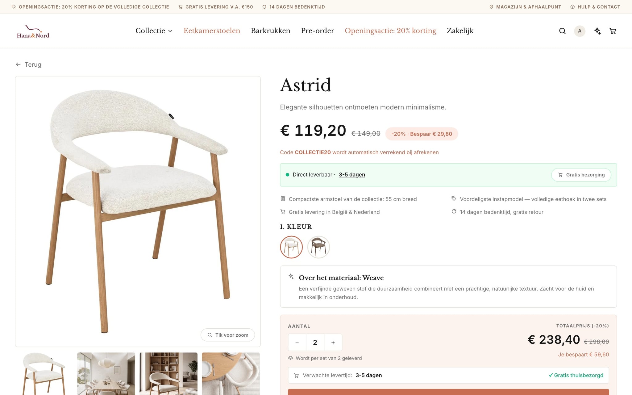 Product page of the Astrid dining chair with image gallery, price, colour variants, stock status and specifications