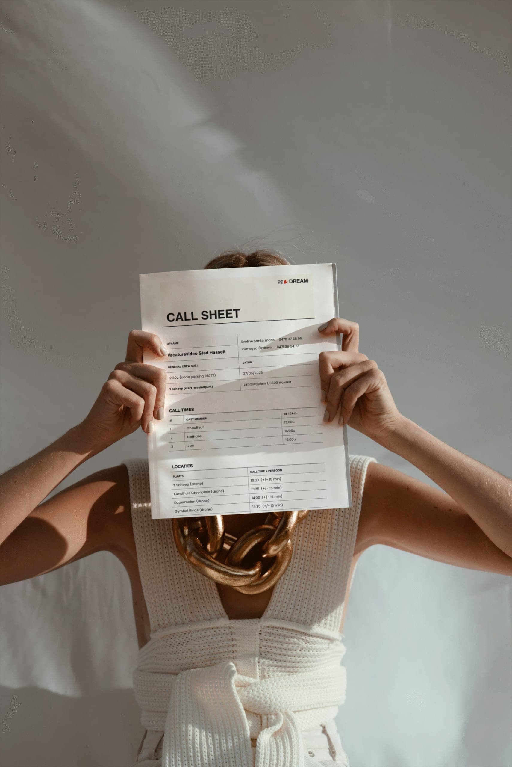 Call sheet van For The Dream voor de videoproductie van Stad Hasselt